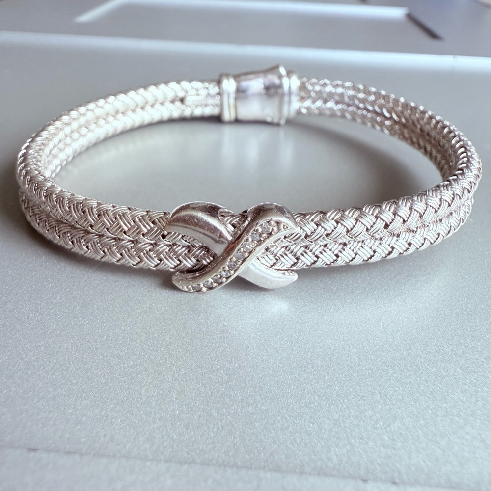 RCI TURKEY Mesh Basket Weave Cable Diamond Station Sterl Bangle Bracelet